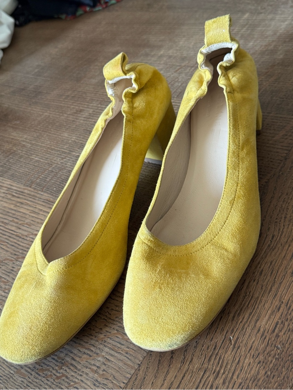 Everlane Mustard Suede Ruffle-Back Heels